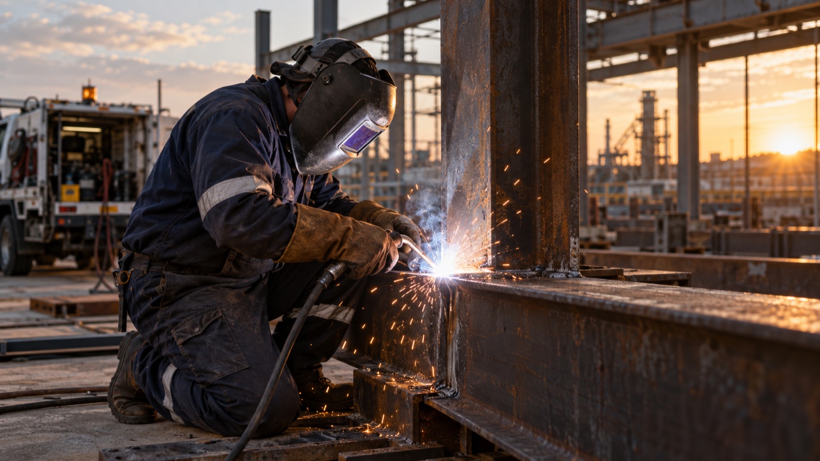 Mobile welder repairing a structural steel beam on site