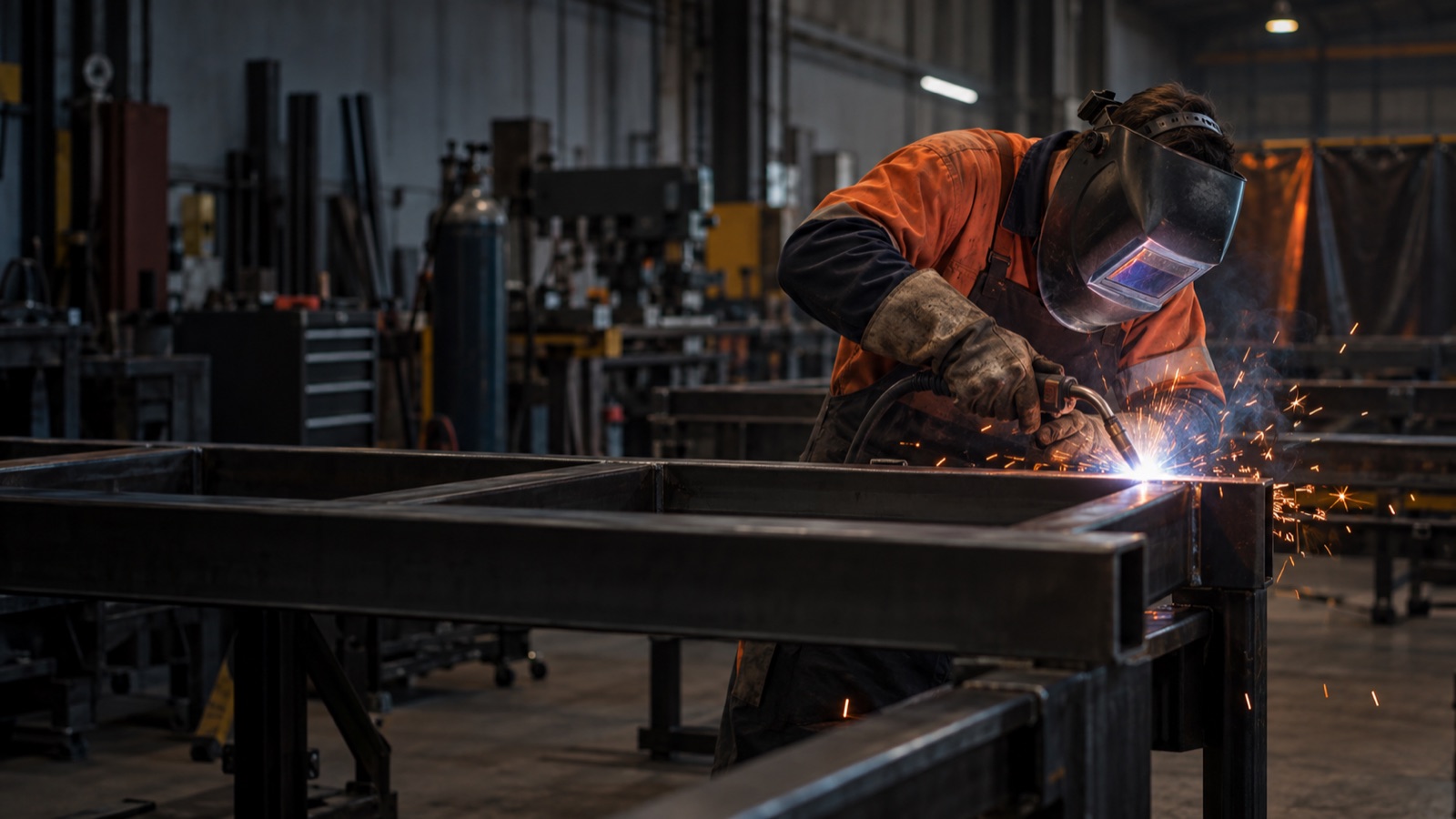 Welder fabricating a steel frame in a workshop